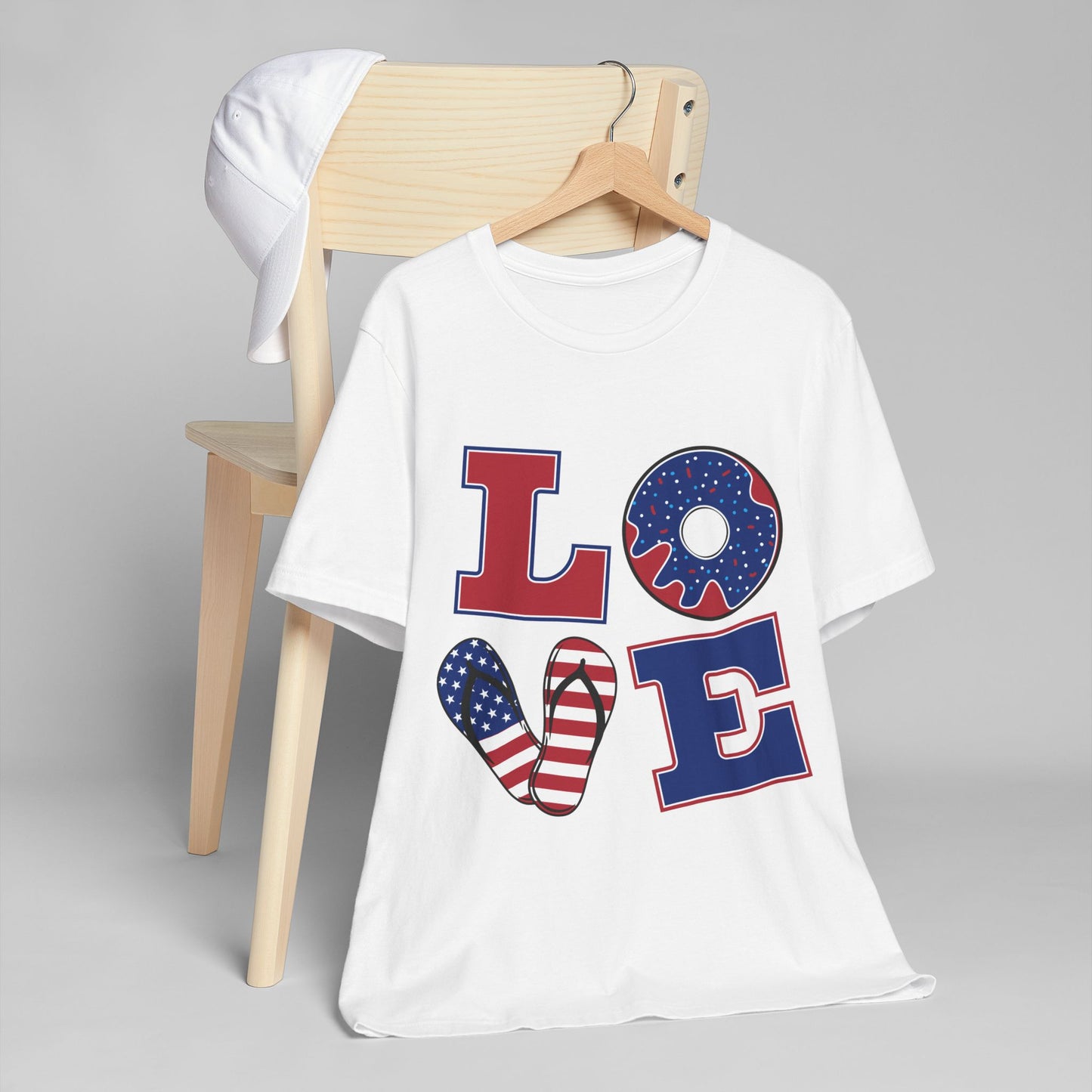 Patriotic "LOVE" Graphic T-Shirt — American Flag Flip-Flop & Donut Design