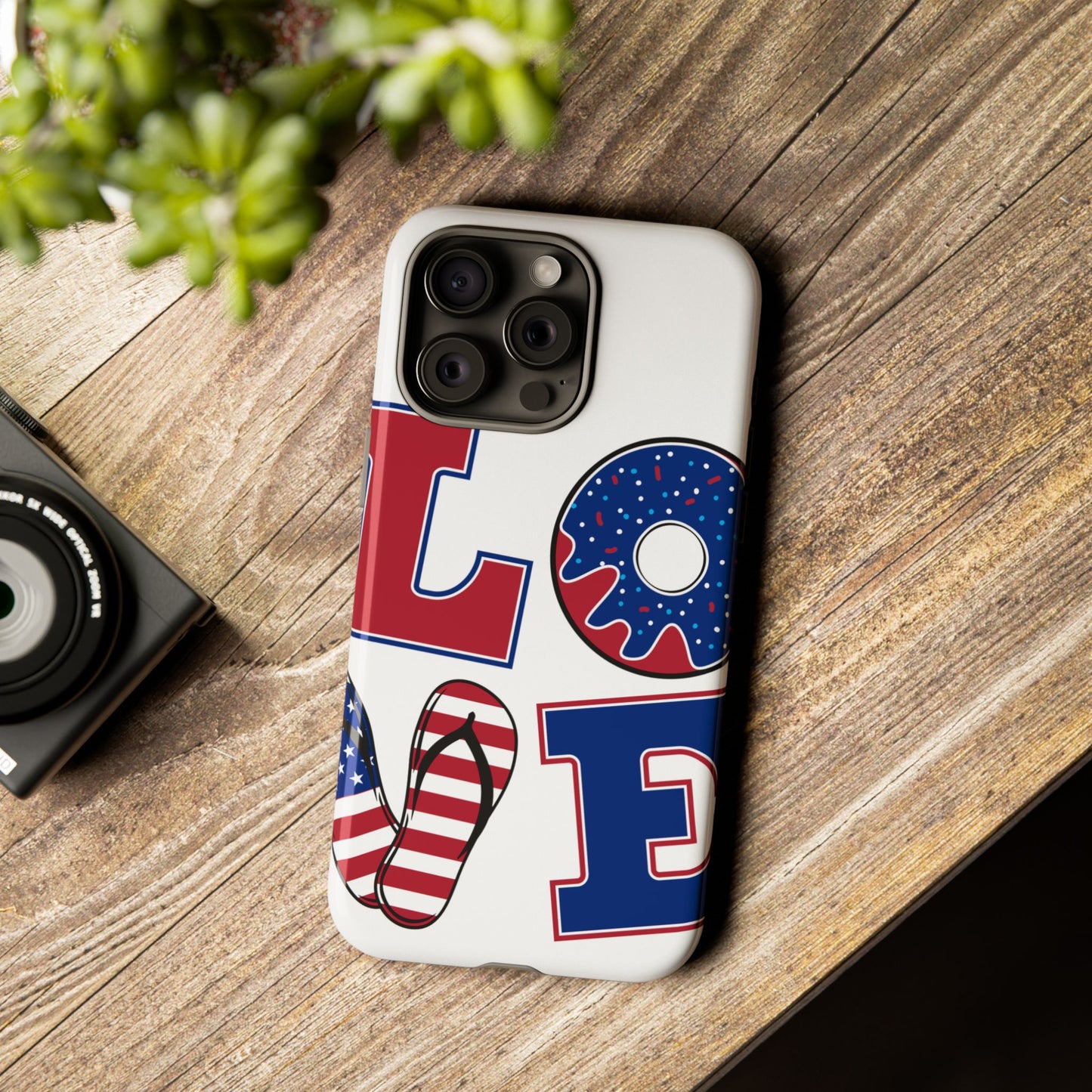 Patriotic "Love" Tough Case – American Flag Flip Flop & Donut Phone Cover