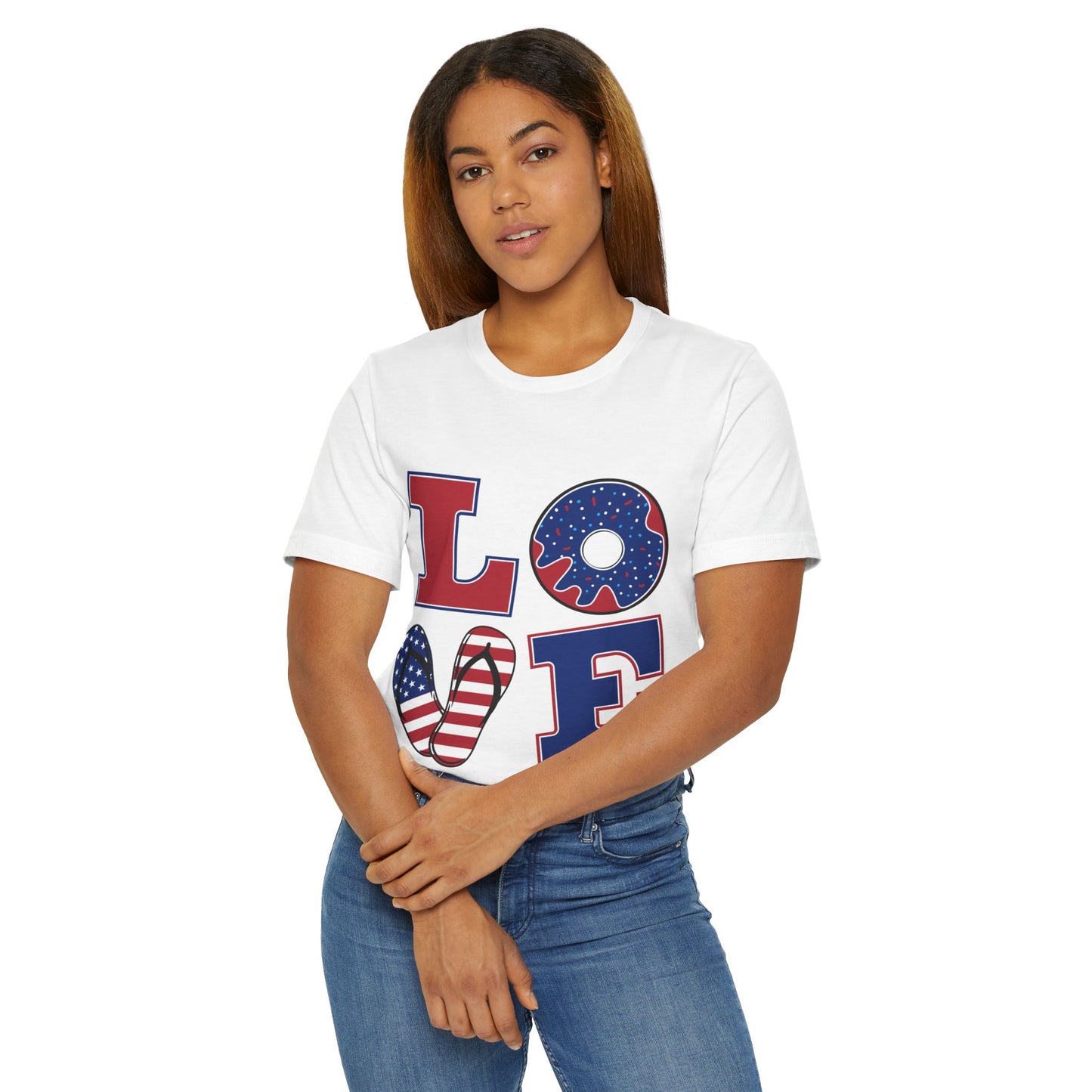 Patriotic "LOVE" Graphic T-Shirt — American Flag Flip-Flop & Donut Design