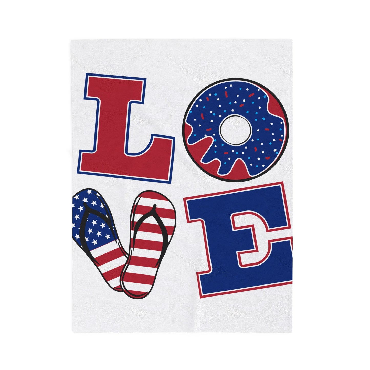 Patriotic 'LOVE' Velveteen Plush Blanket — USA Flag Flip-Flop & Donut Design