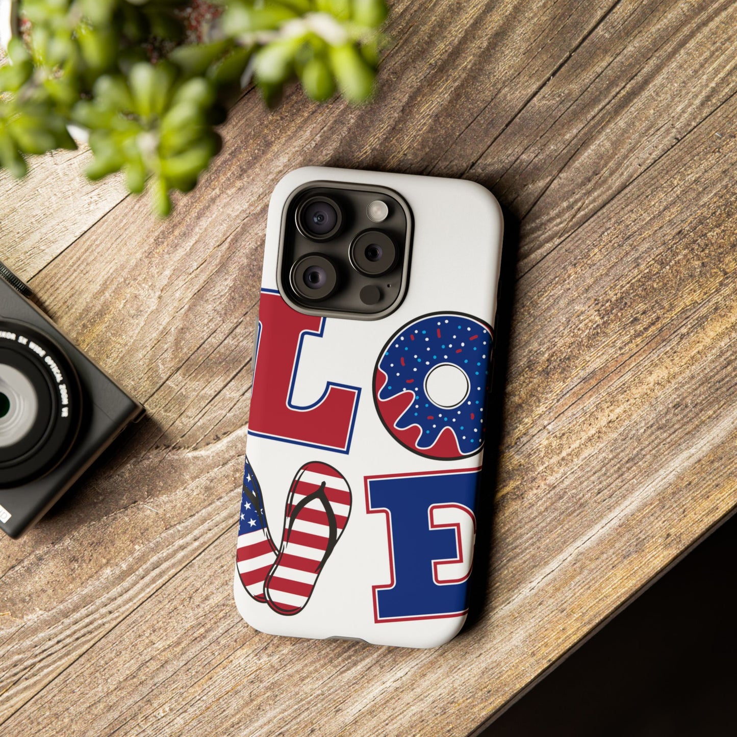 Patriotic "Love" Tough Case – American Flag Flip Flop & Donut Phone Cover