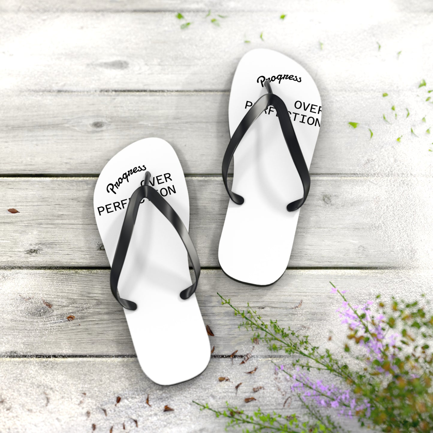 Flip Flops – “Progress Over Perfection” Beach Sandals – Inspirational Summer Footwear