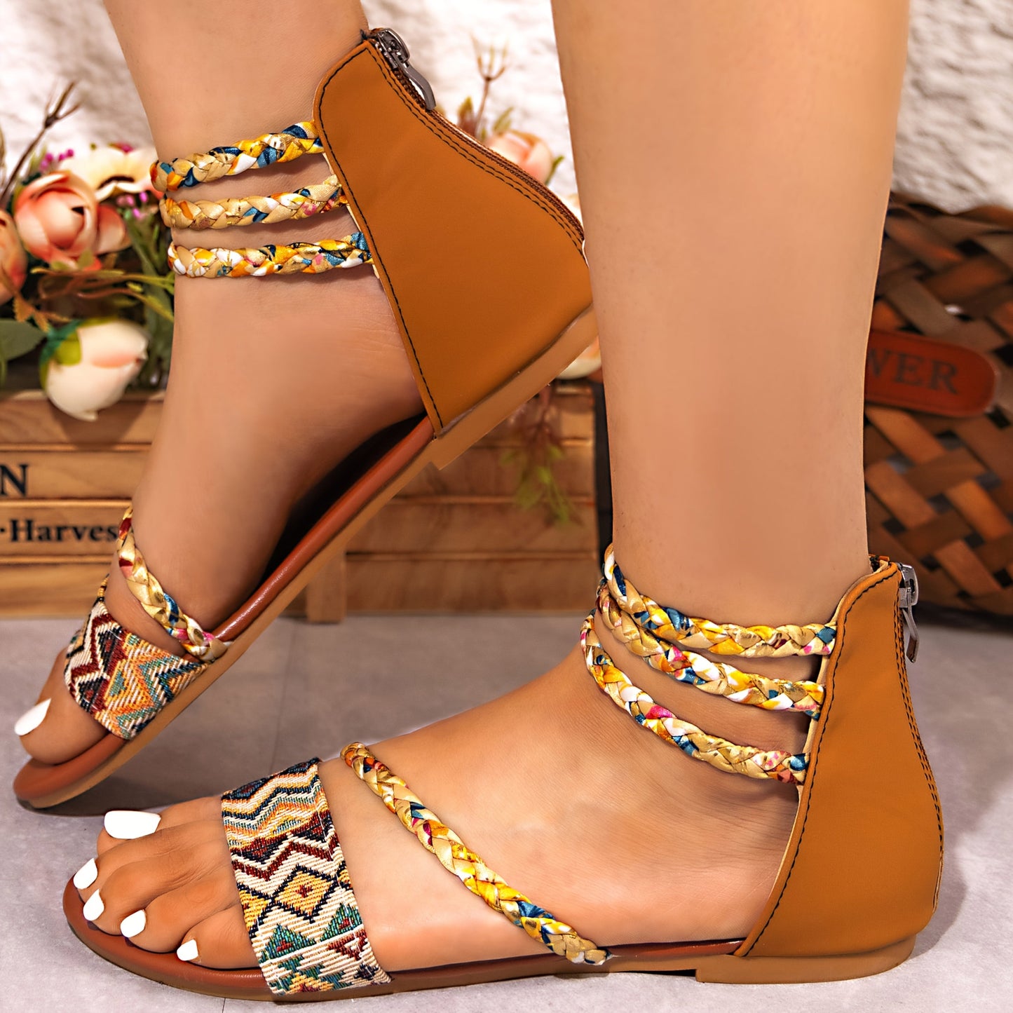 Women's Bohemian Roman Sandals - Open-Toe Flat Shoes with Back Zipper