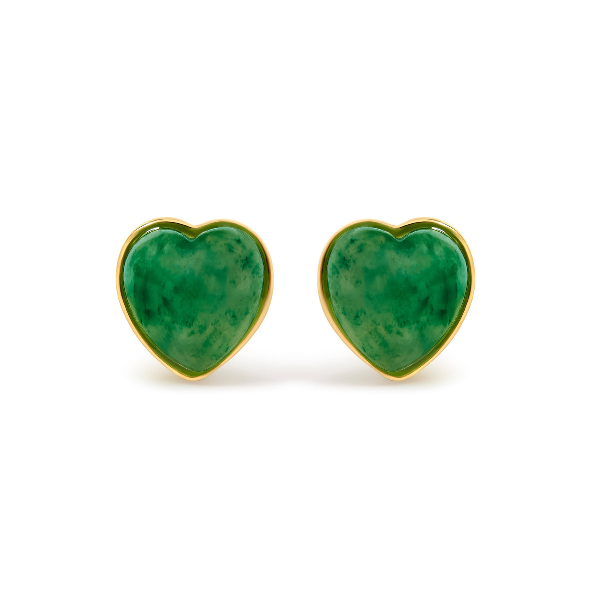 18K Yellow Gold 9x8 MM Bezel Set Green Jade Heart Stud Earrings