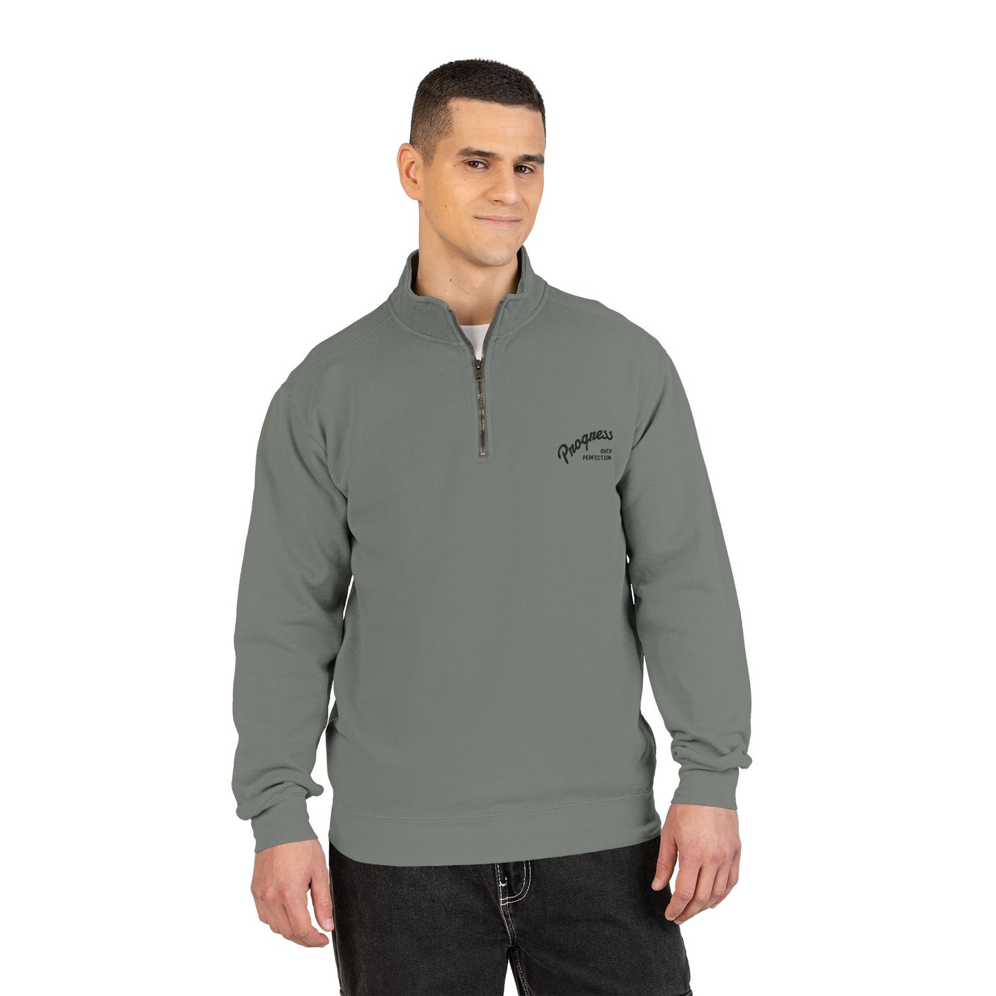 Quarter-Zip Sweatshirt — Minimal 'Progressively' Script Chest Logo