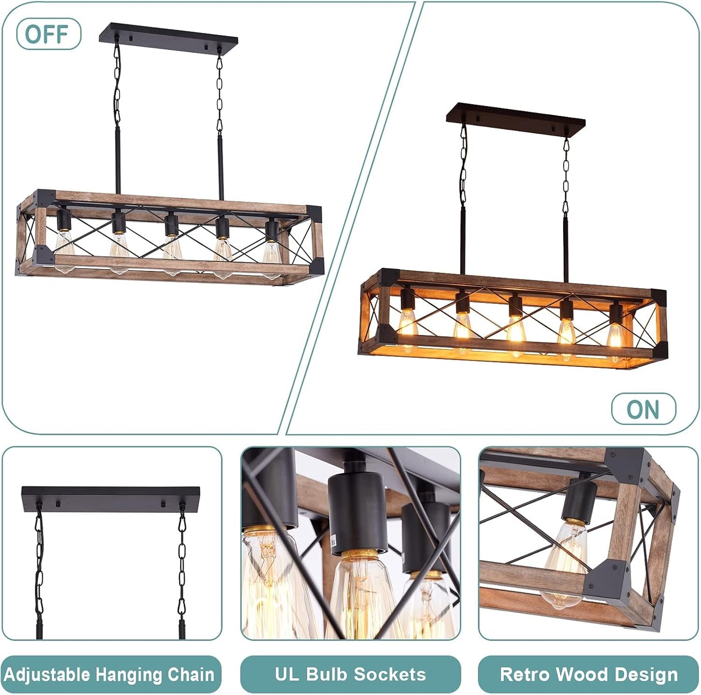 5 Lights Farmhouse Wood Linear Chandelier
