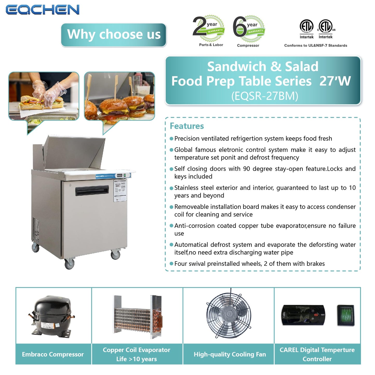 EQCHEN 27 Inch Mega Top Sandwich Prep Table Refrigerator