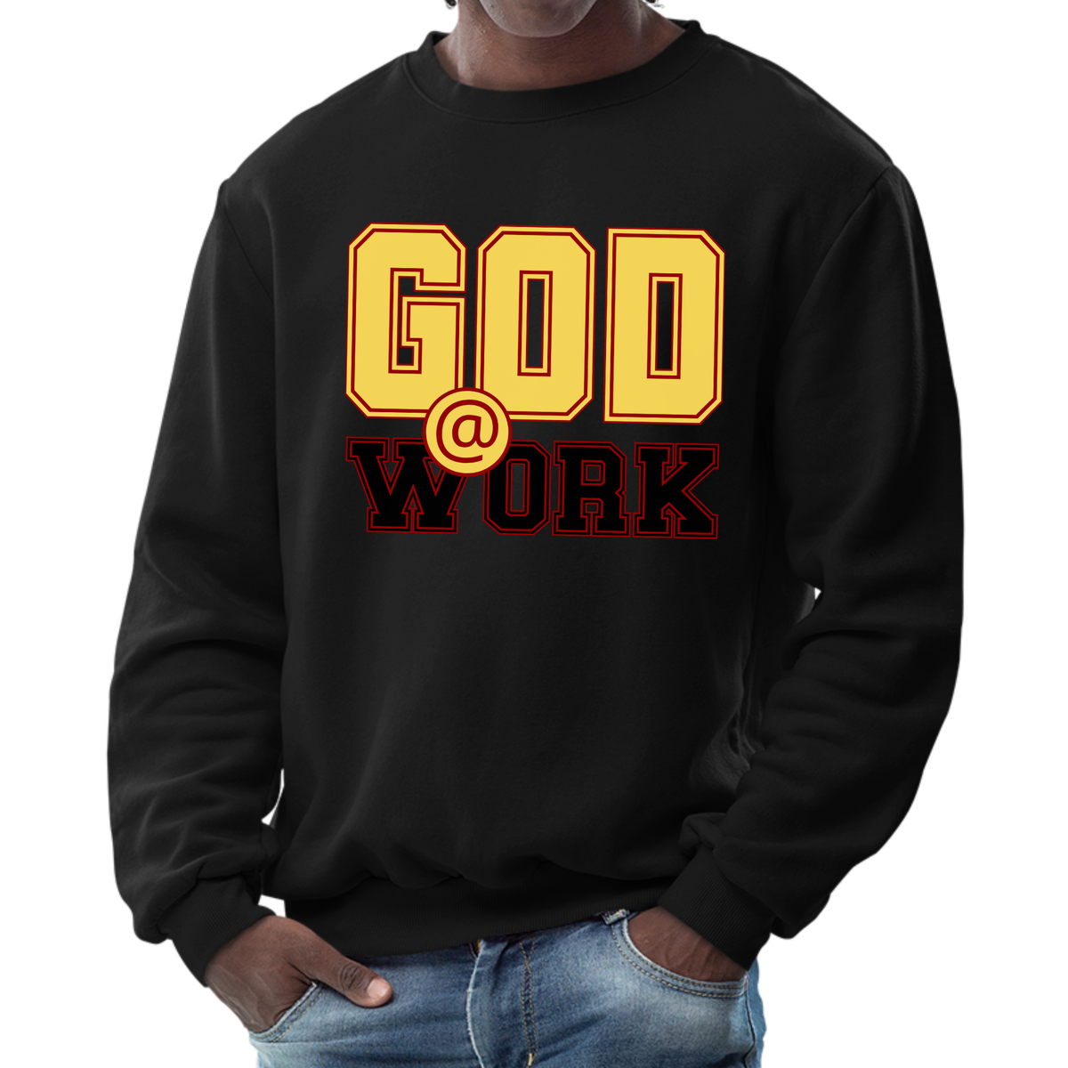 Mens Graphic Sweatshirt - God @ Work Yellow Black and Red Print