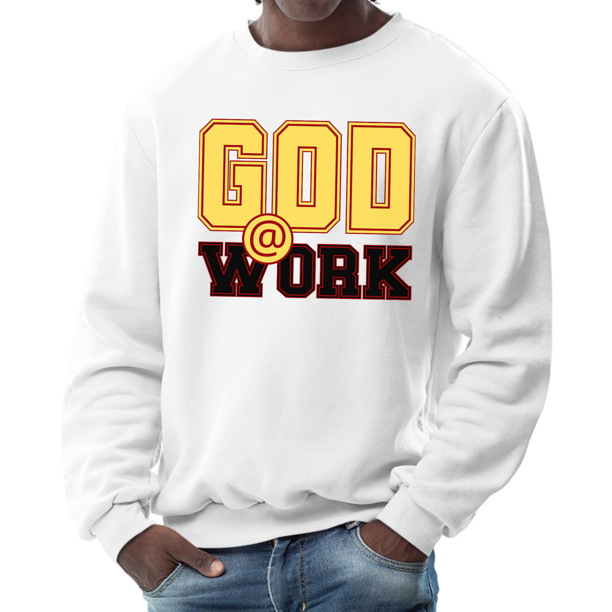 Mens Graphic Sweatshirt - God @ Work Yellow Black and Red Print