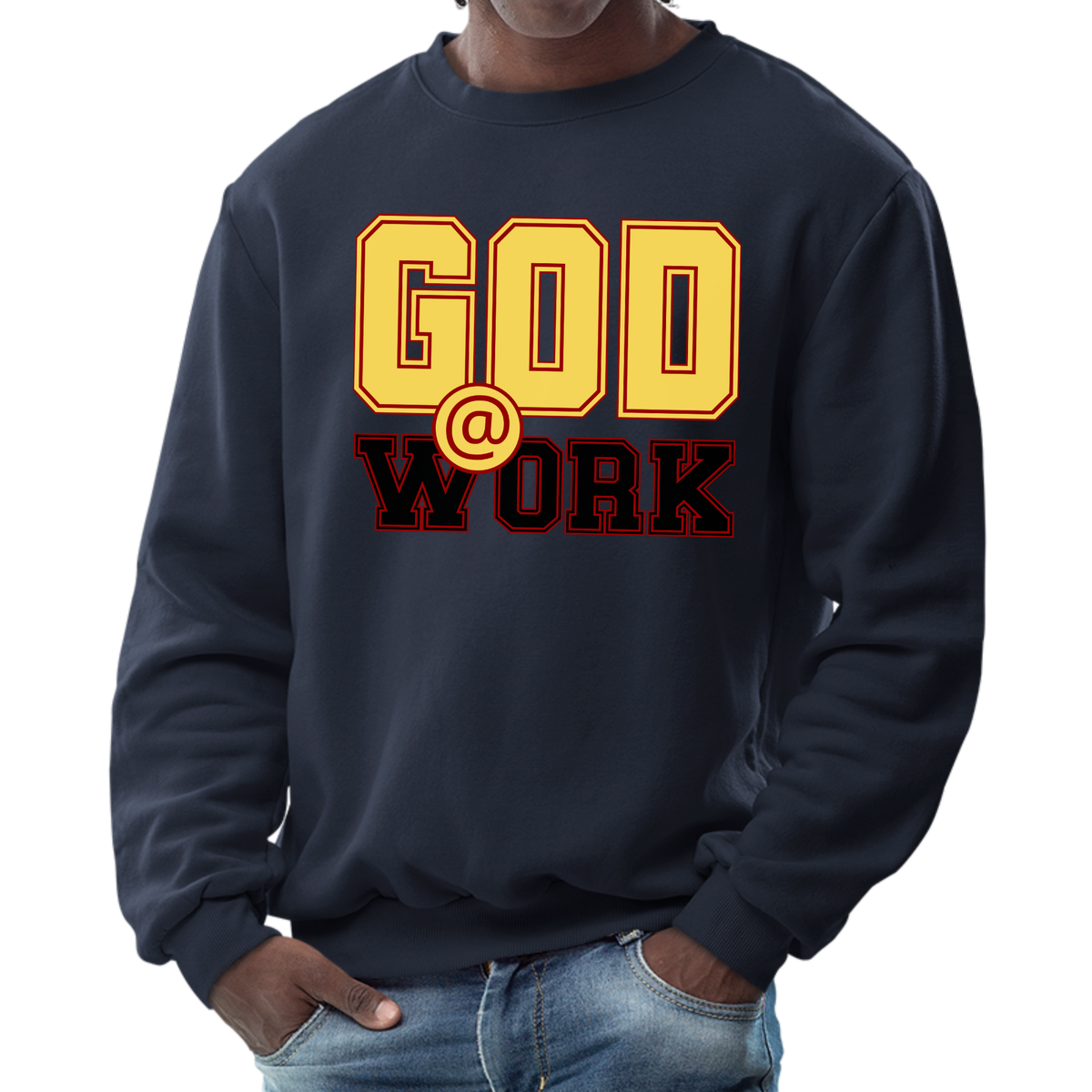 Mens Graphic Sweatshirt - God @ Work Yellow Black and Red Print