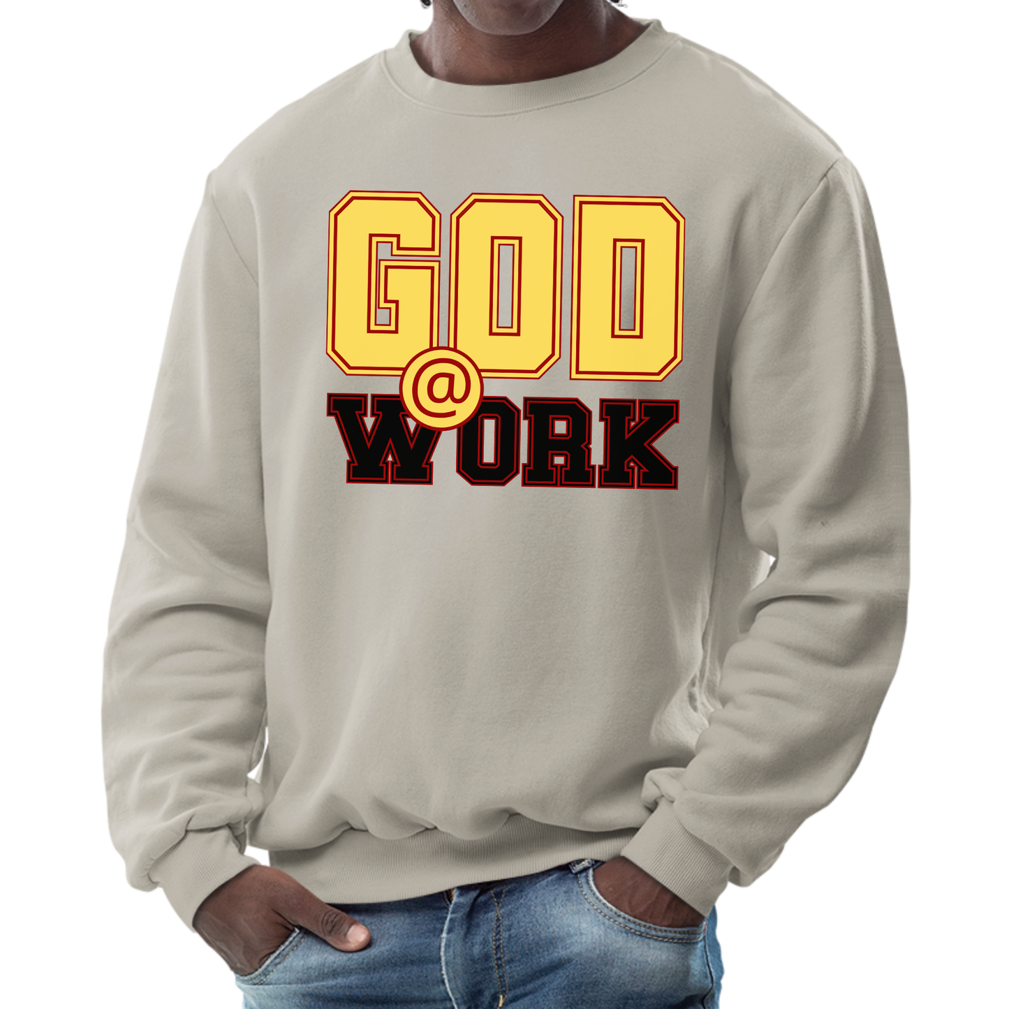 Mens Graphic Sweatshirt - God @ Work Yellow Black and Red Print