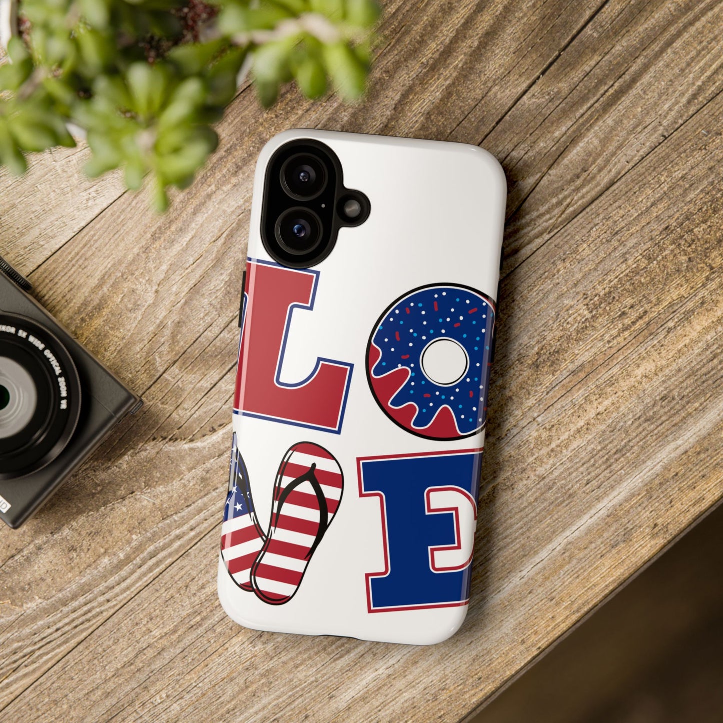 Patriotic "Love" Tough Case – American Flag Flip Flop & Donut Phone Cover