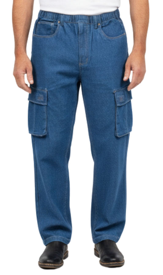 Men's Lightweight Double Cargo Pocket Pull-On Jeans – Cotton Blend Cargo Pants with Elastic Waist