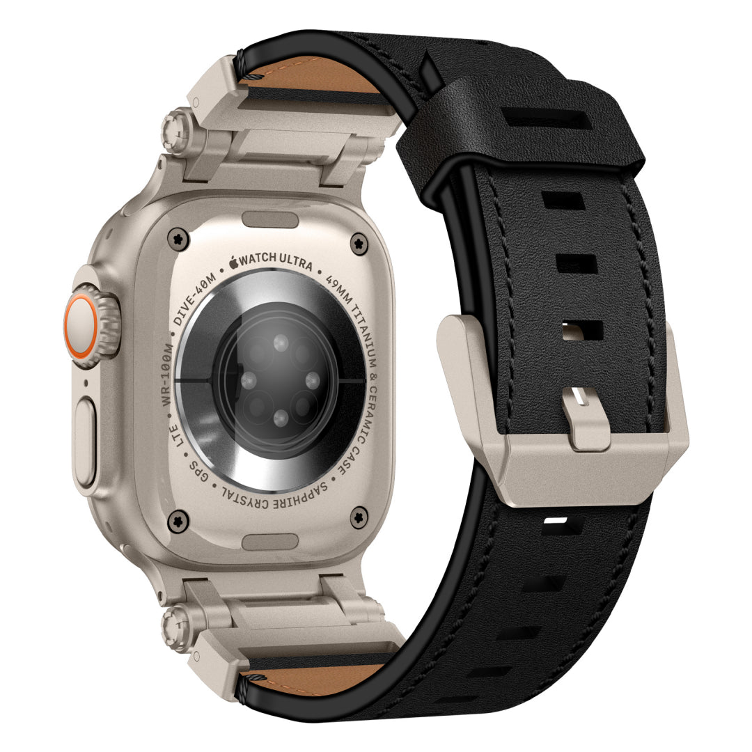 Leather Tactical Band for Apple Watch Ultra – 26mm Wide, Mecha-Style Connectors, Adventure-Ready