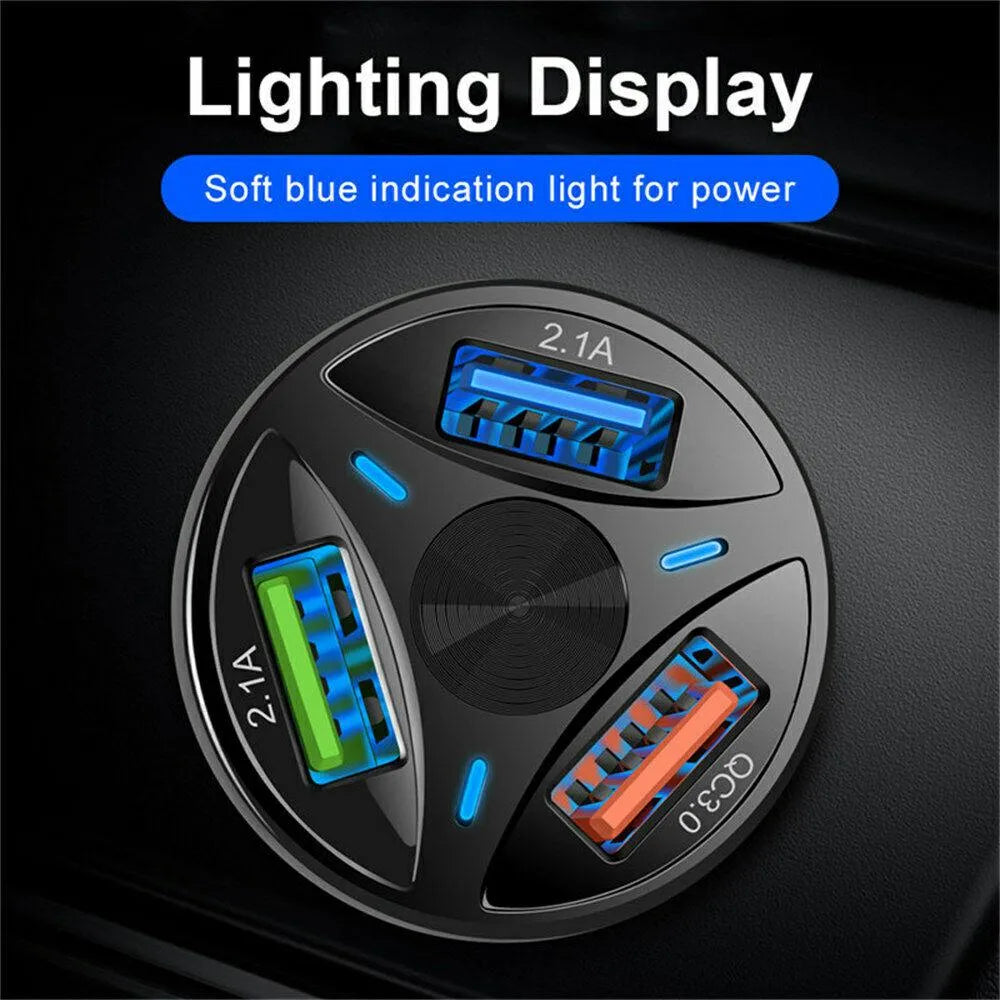 3 Port Fast LED Car Charger + 3 in 1 Cable Combo Black