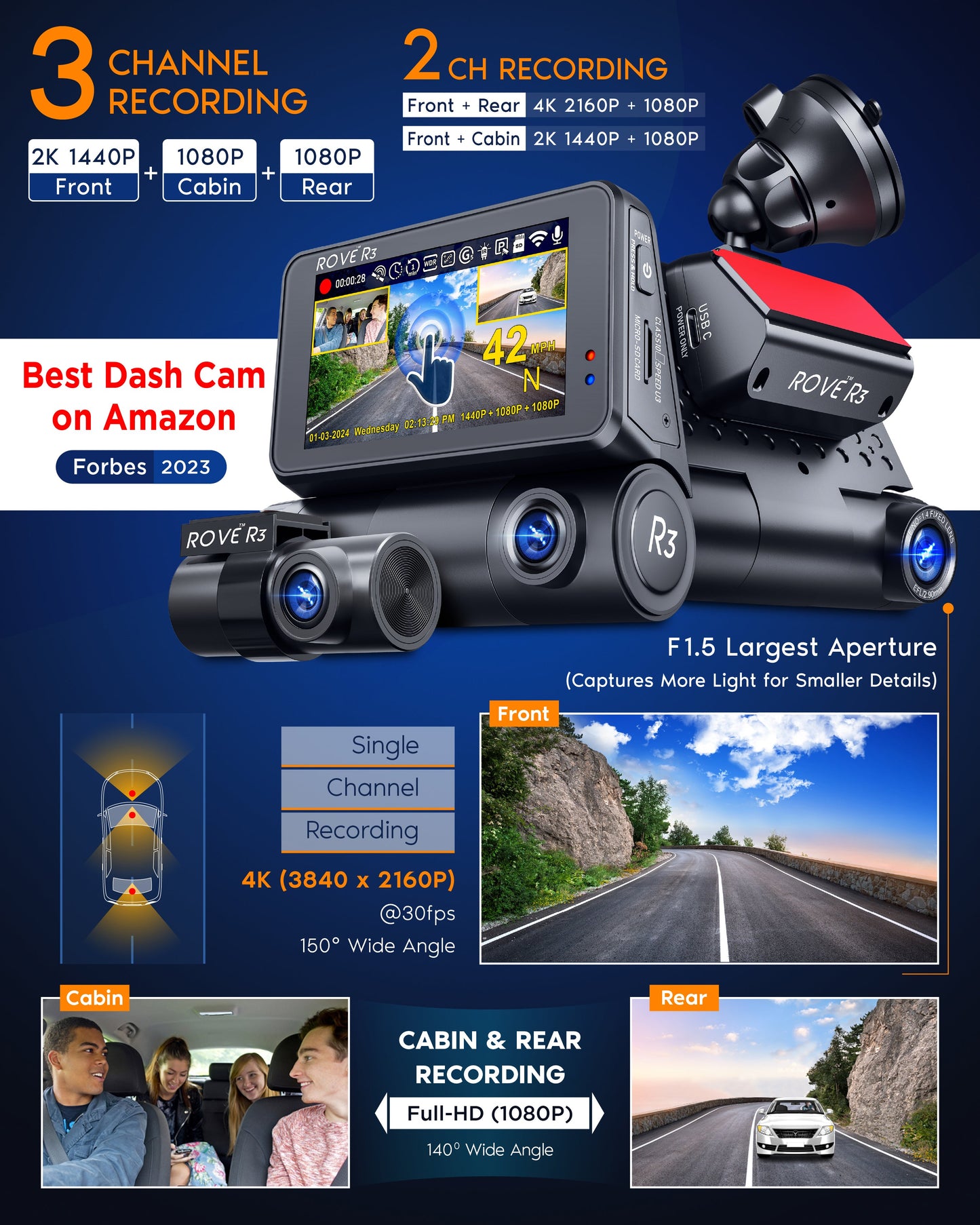 ROVE R3, 3 Channel Touch Screen Dash Cam with Built-in Dual-Band 5GHz WiFi, Built-in GPS, 24 Hr Parking Monitor, Super Capacitor, WDR, G-Sensor, Night Vision