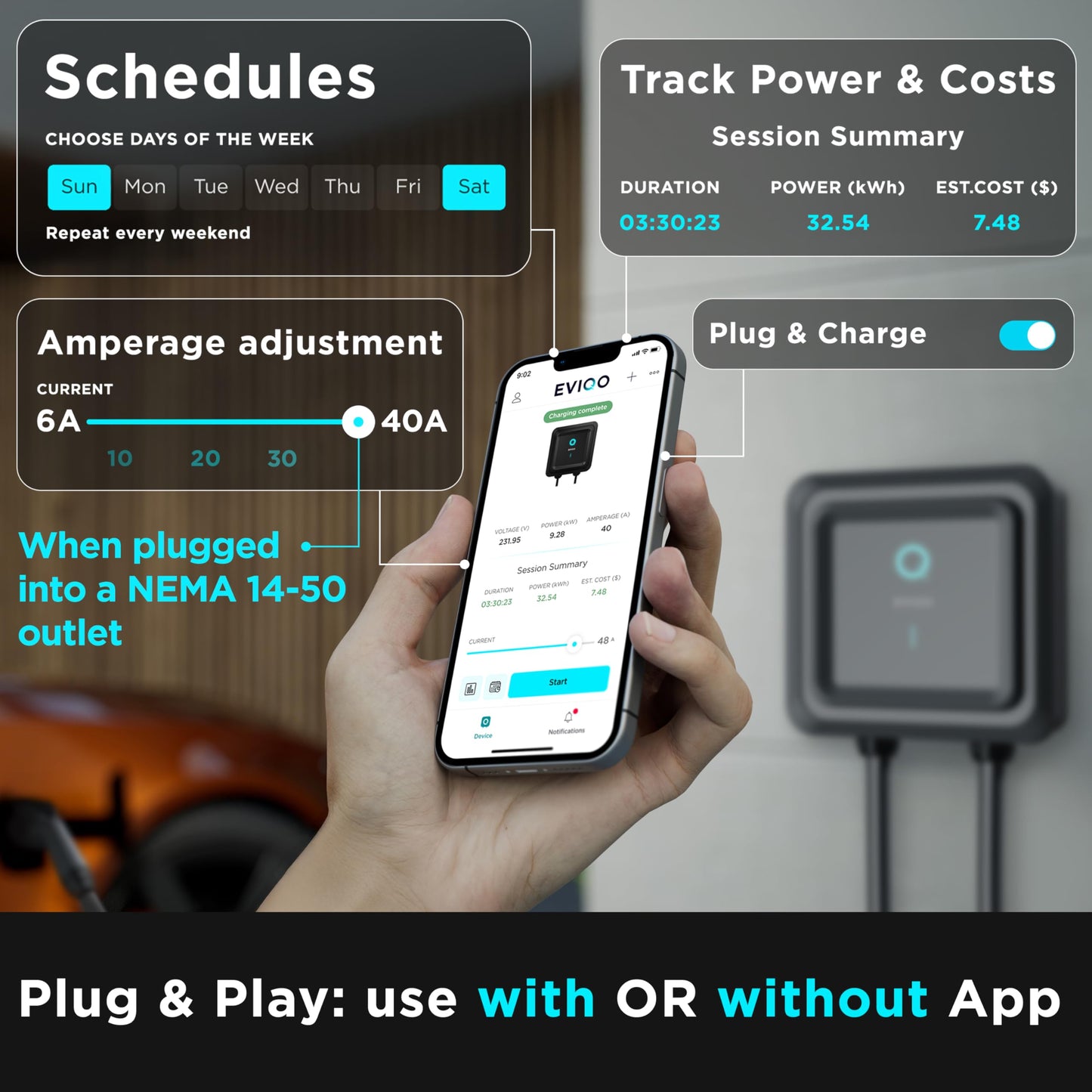 EVIQO Level 2 EV Charger, 48A (11.5kW), 240V, NEMA 14-50 Plug-in, J1772 for Non-Tesla EVs