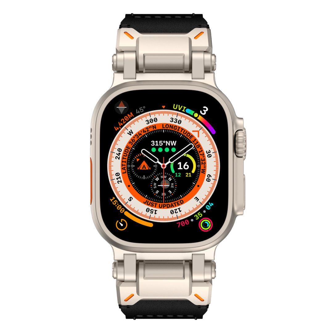 Leather Tactical Band for Apple Watch Ultra – 26mm Wide, Mecha-Style Connectors, Adventure-Ready