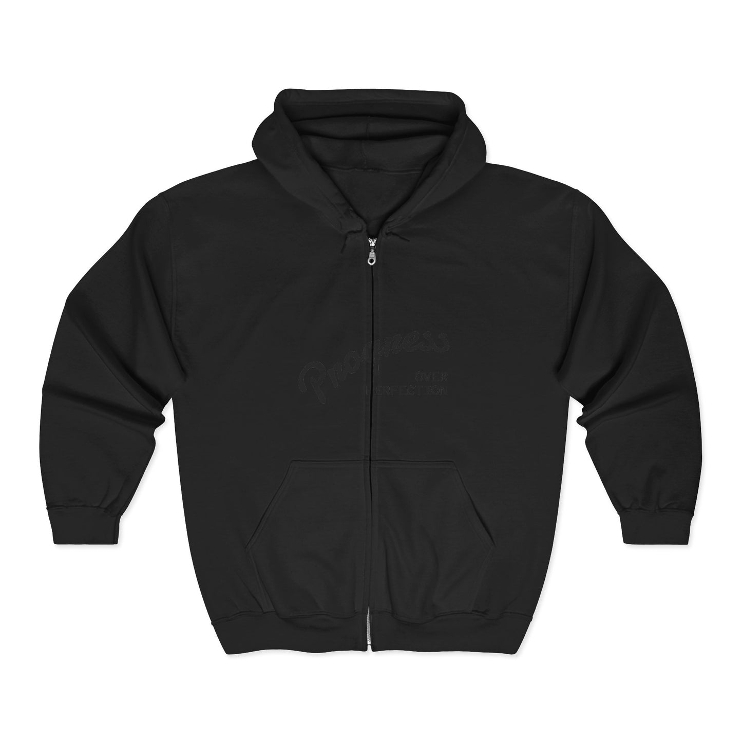 Black Full-Zip Hoodie — Minimal Dot Script Logo Zip-Up Sweatshirt