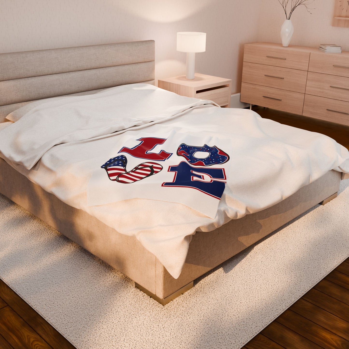 Patriotic 'LOVE' Velveteen Plush Blanket — USA Flag Flip-Flop & Donut Design
