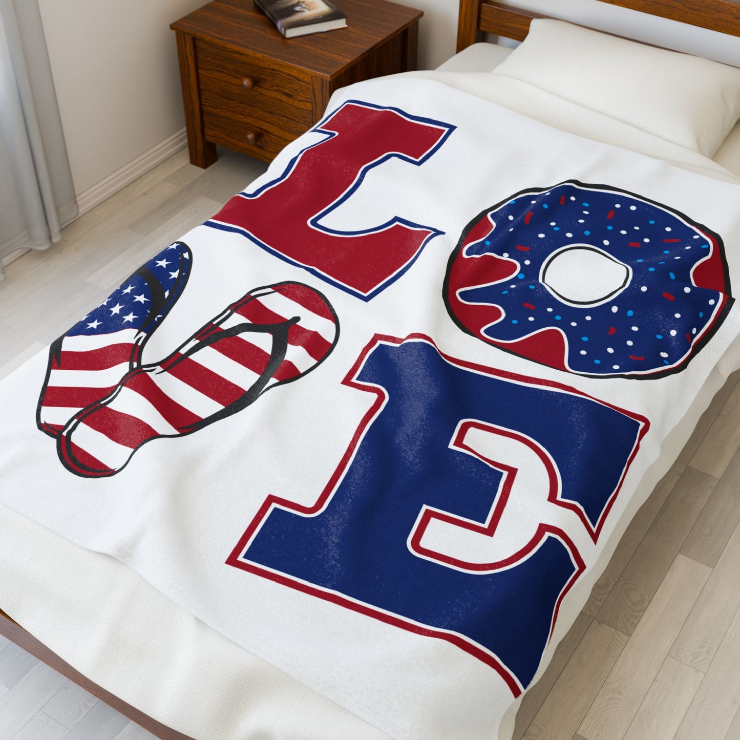Patriotic 'LOVE' Velveteen Plush Blanket — USA Flag Flip-Flop & Donut Design
