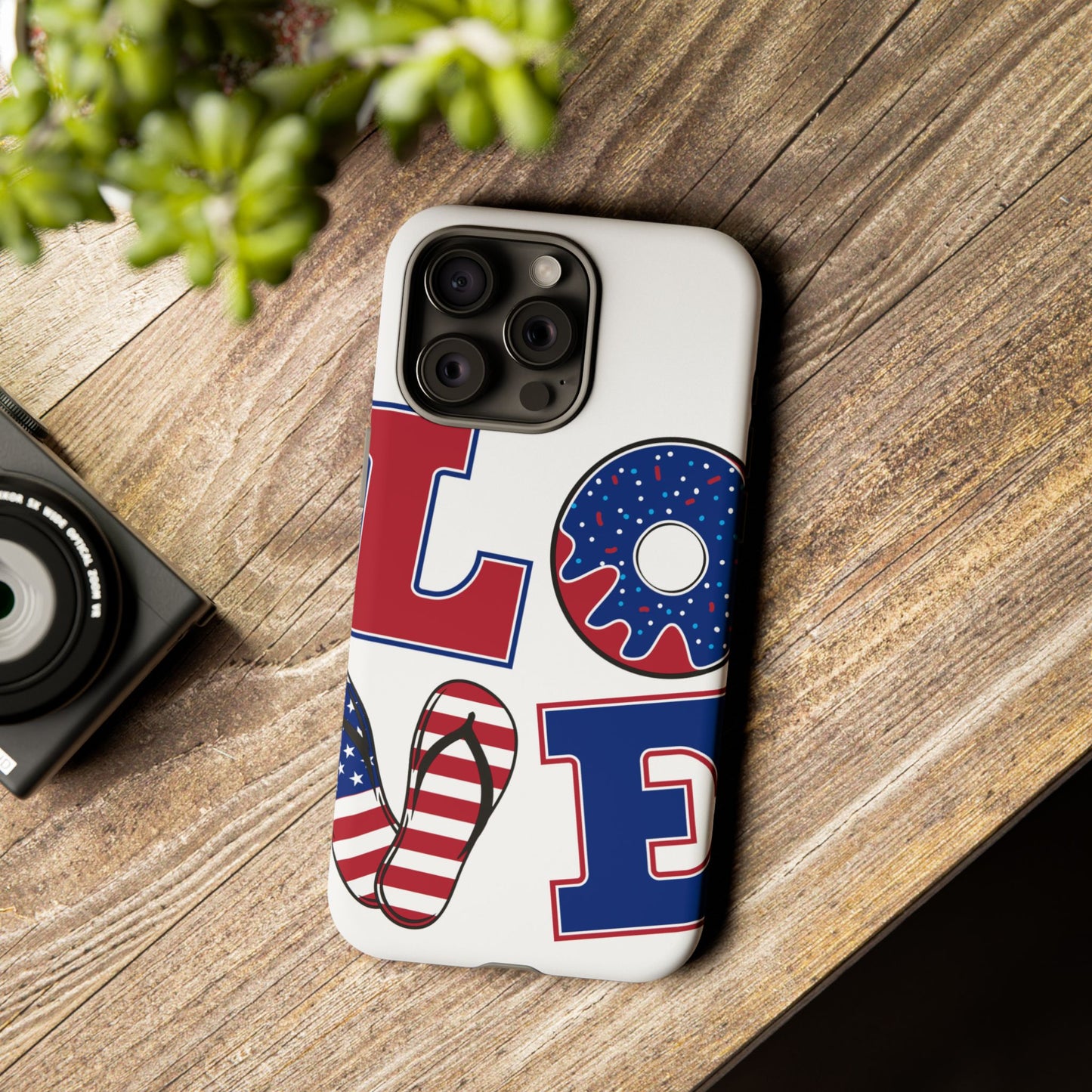 Patriotic "Love" Tough Case – American Flag Flip Flop & Donut Phone Cover