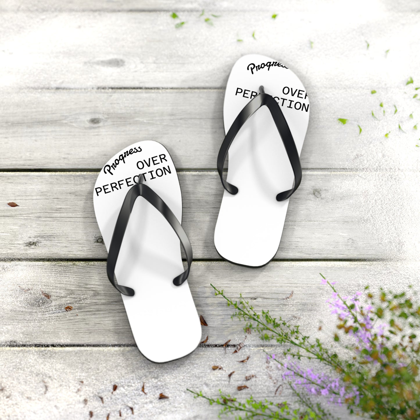 Flip Flops – “Progress Over Perfection” Beach Sandals – Inspirational Summer Footwear