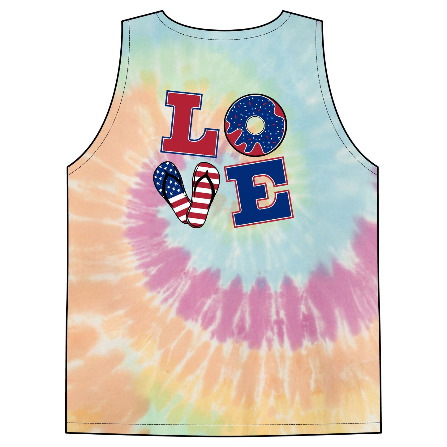 Tie-Dye Tank Top — Patriotic "LOVE" & Retro Logo Beach Vest