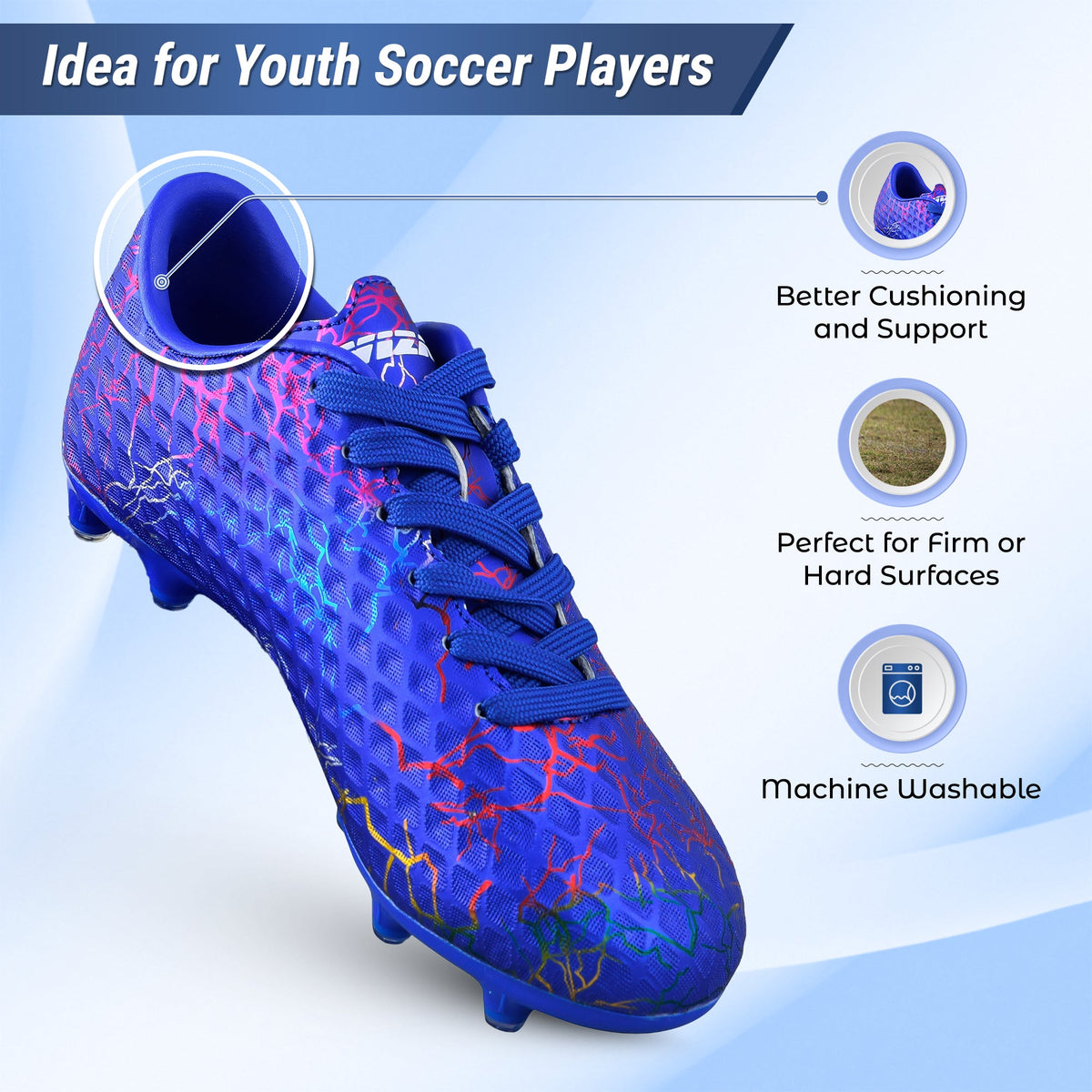 Vizari Zodiac Junior Kids Firm Ground (FG) Soccer Cleats -Blue, Youth Sizes 8C