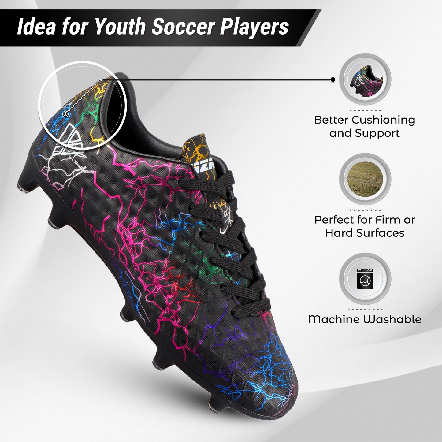 Vizari Zodiac Junior Kids Firm Ground (FG) Soccer Cleats -Black, Youth Sizes 8C