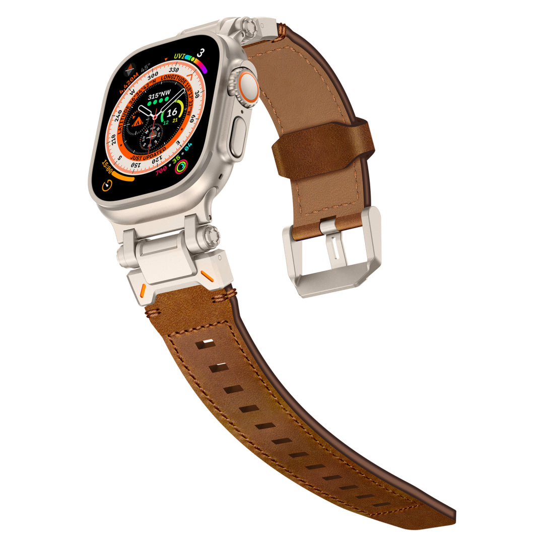 Leather Tactical Band for Apple Watch Ultra – 26mm Wide, Mecha-Style Connectors, Adventure-Ready