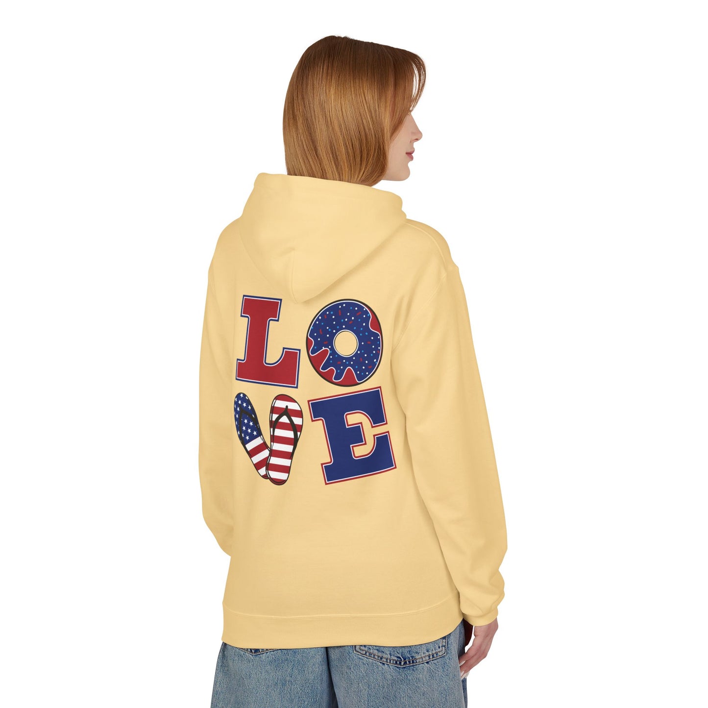Patriotic 'Merica Peace Sign Hoodie — American Flag LOVE Back Graphic