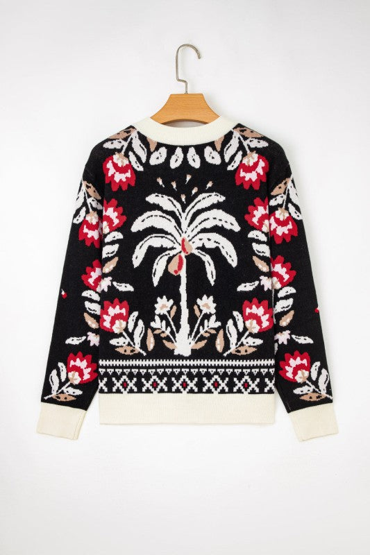 Floral Knit Button-Front V-Neck Cardigan