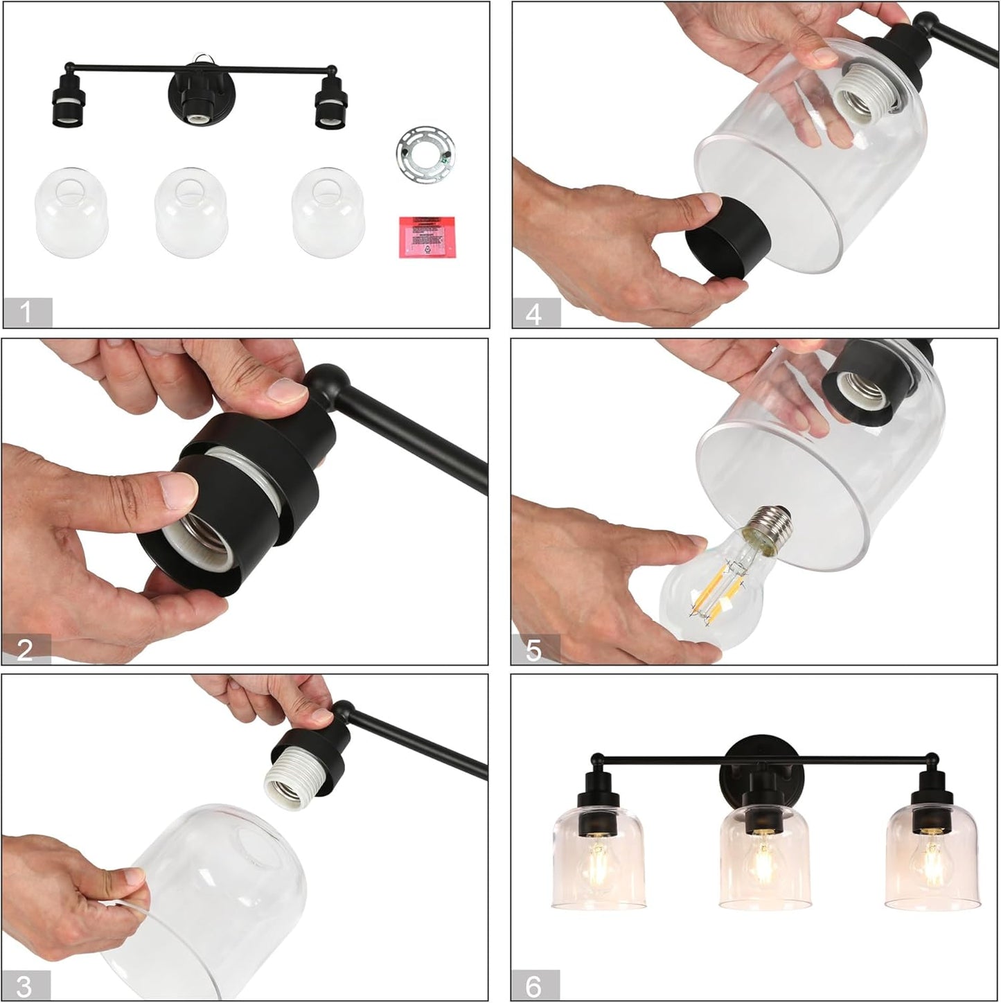 3-Light Black Vanity Light with Clear Glass Shade