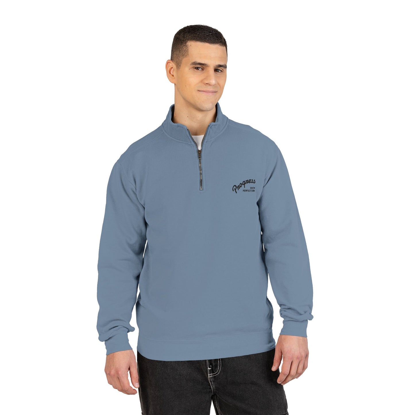 Quarter-Zip Sweatshirt — Minimal 'Progressively' Script Chest Logo