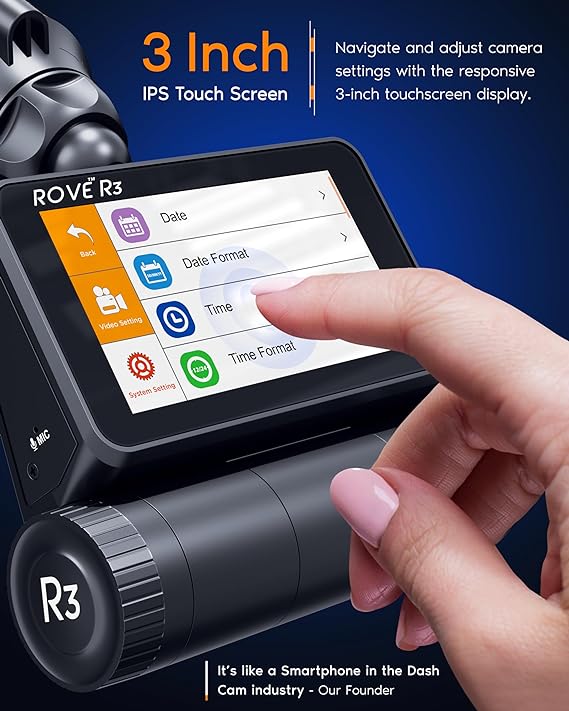 ROVE R3, 3 Channel Touch Screen Dash Cam with Built-in Dual-Band 5GHz WiFi, Built-in GPS, 24 Hr Parking Monitor, Super Capacitor, WDR, G-Sensor, Night Vision