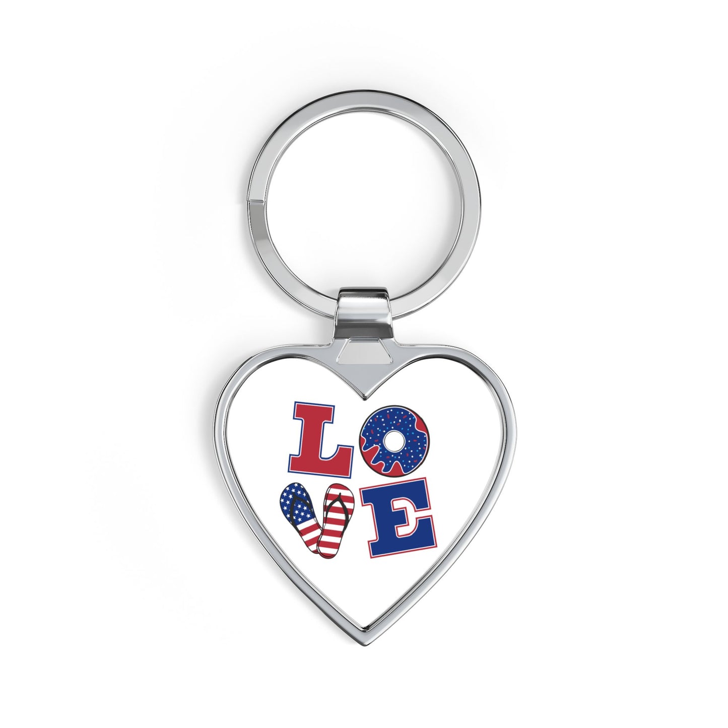 Patriotic 'LOVE' Heart Keychain – American Flag & Donut Design