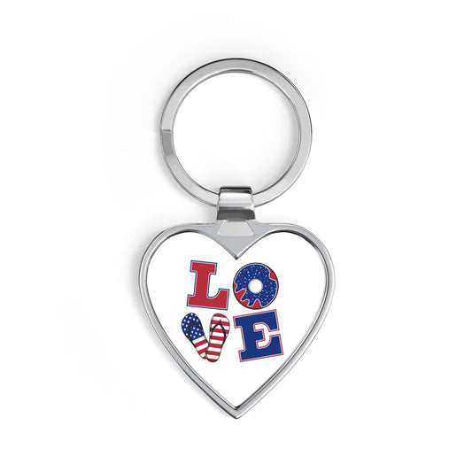 Patriotic 'LOVE' Heart Keychain – American Flag & Donut Design