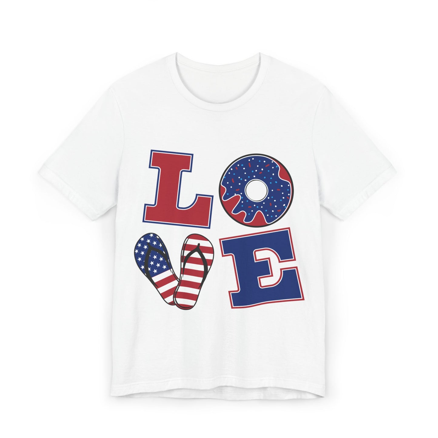 Patriotic "LOVE" Graphic T-Shirt — American Flag Flip-Flop & Donut Design