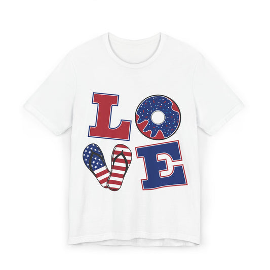 Patriotic "LOVE" Graphic T-Shirt — American Flag Flip-Flop & Donut Design