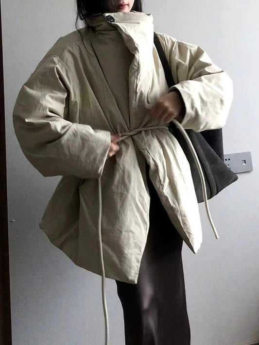 Waist-Hugging Stand-Up Collar Thickened Puffer Jacket - Fitted Silhouette