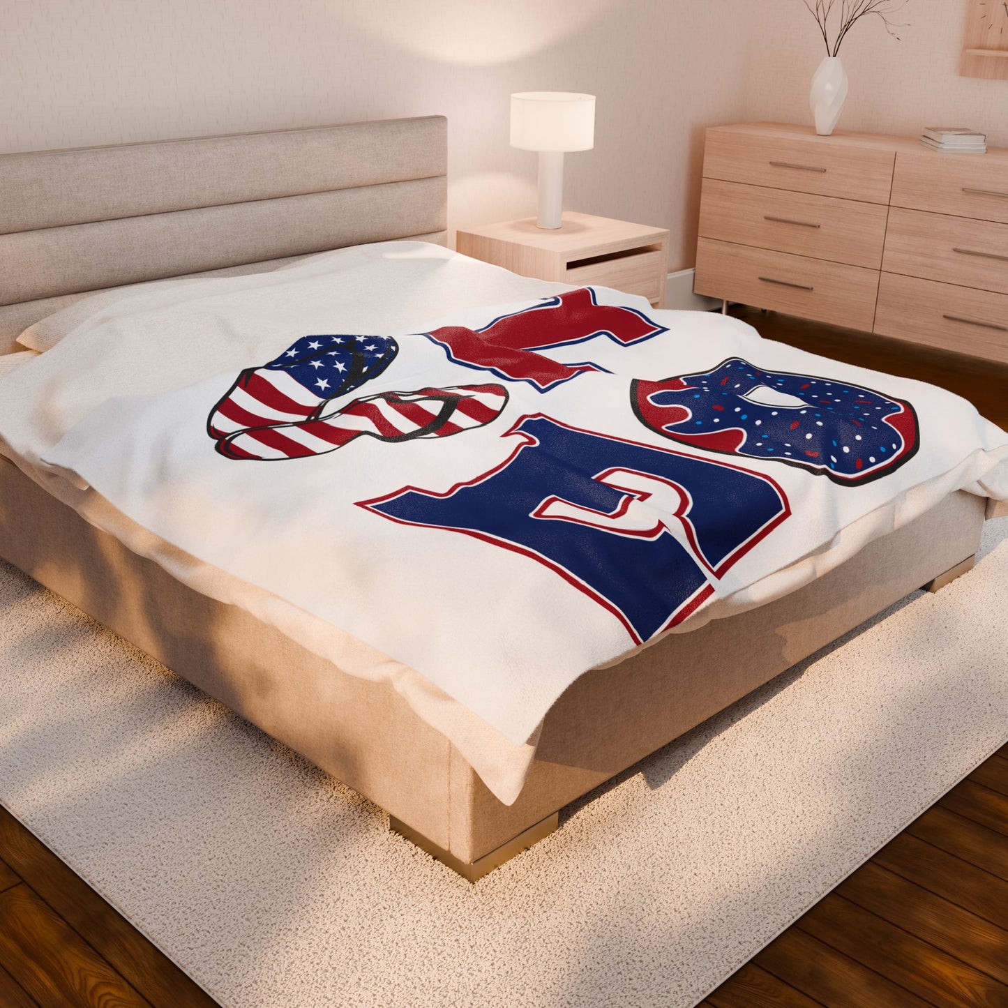 Patriotic 'LOVE' Velveteen Plush Blanket — USA Flag Flip-Flop & Donut Design
