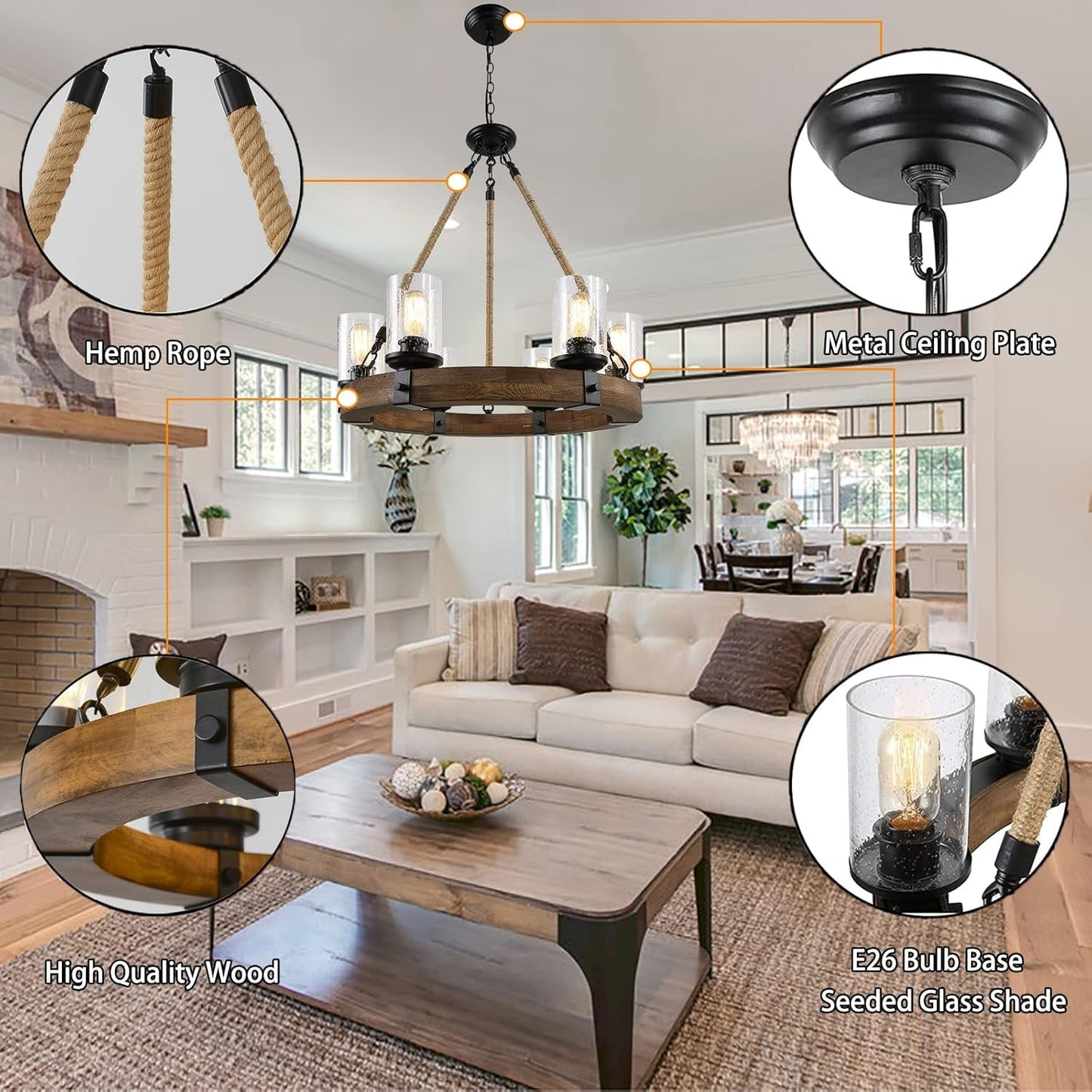 Rustic 6 Light Wagon Wheel Chandelier