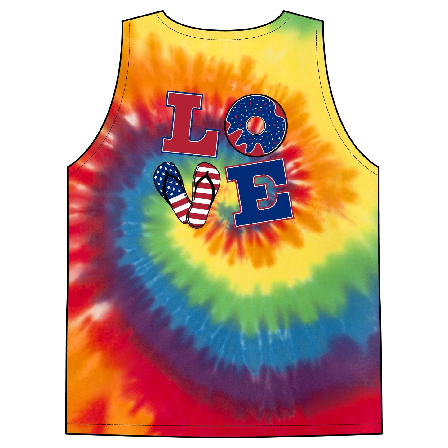 Tie-Dye Tank Top — Patriotic "LOVE" & Retro Logo Beach Vest