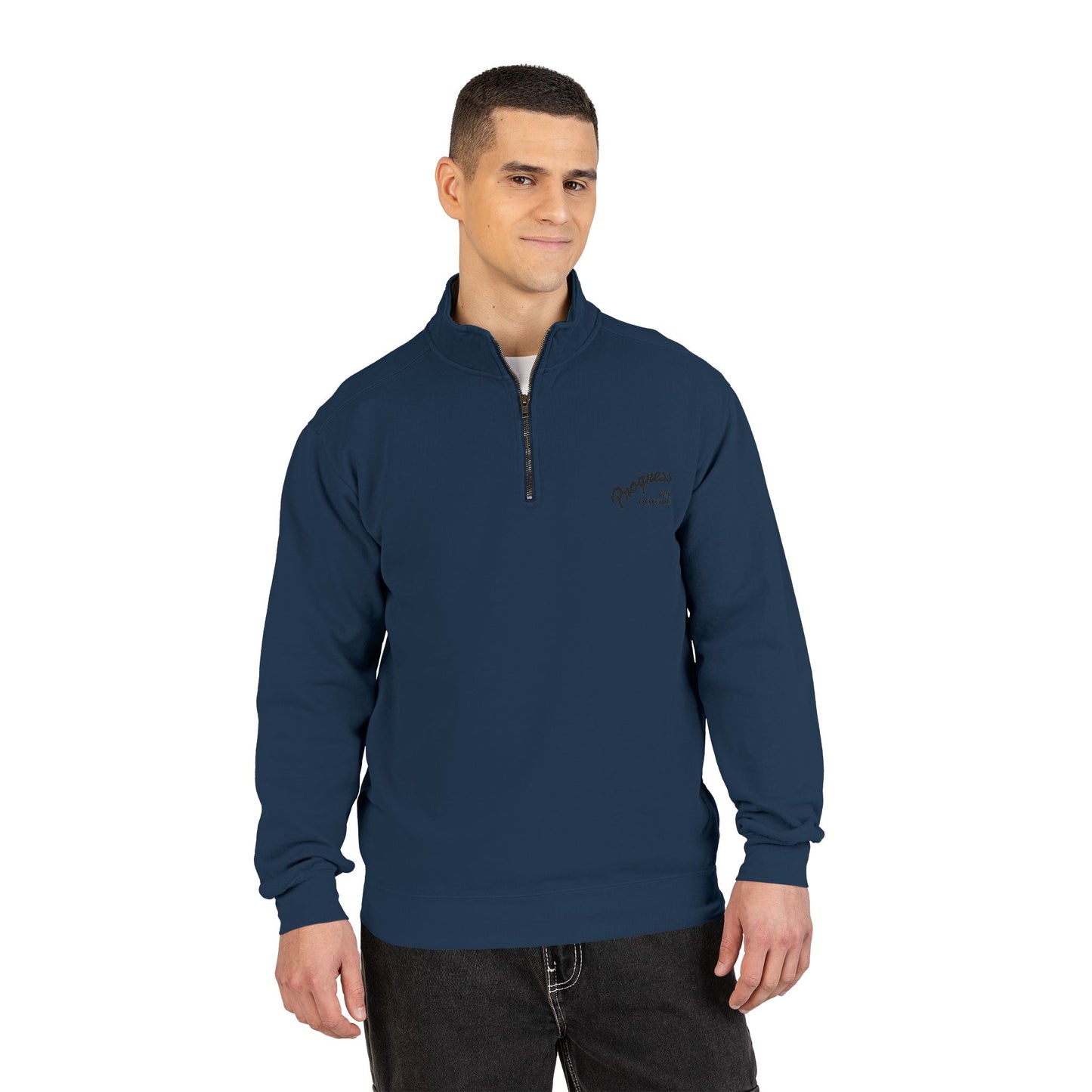 Quarter-Zip Sweatshirt — Minimal 'Progressively' Script Chest Logo