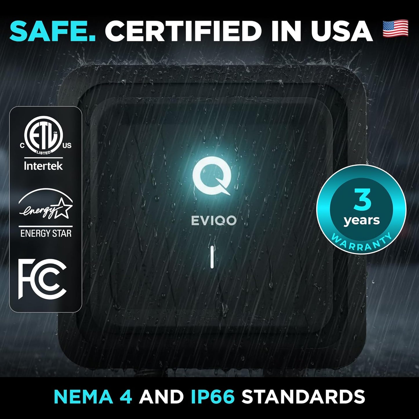 EVIQO Level 2 EV Charger, 48A (11.5kW), 240V, NEMA 14-50 Plug-in, J1772 for Non-Tesla EVs