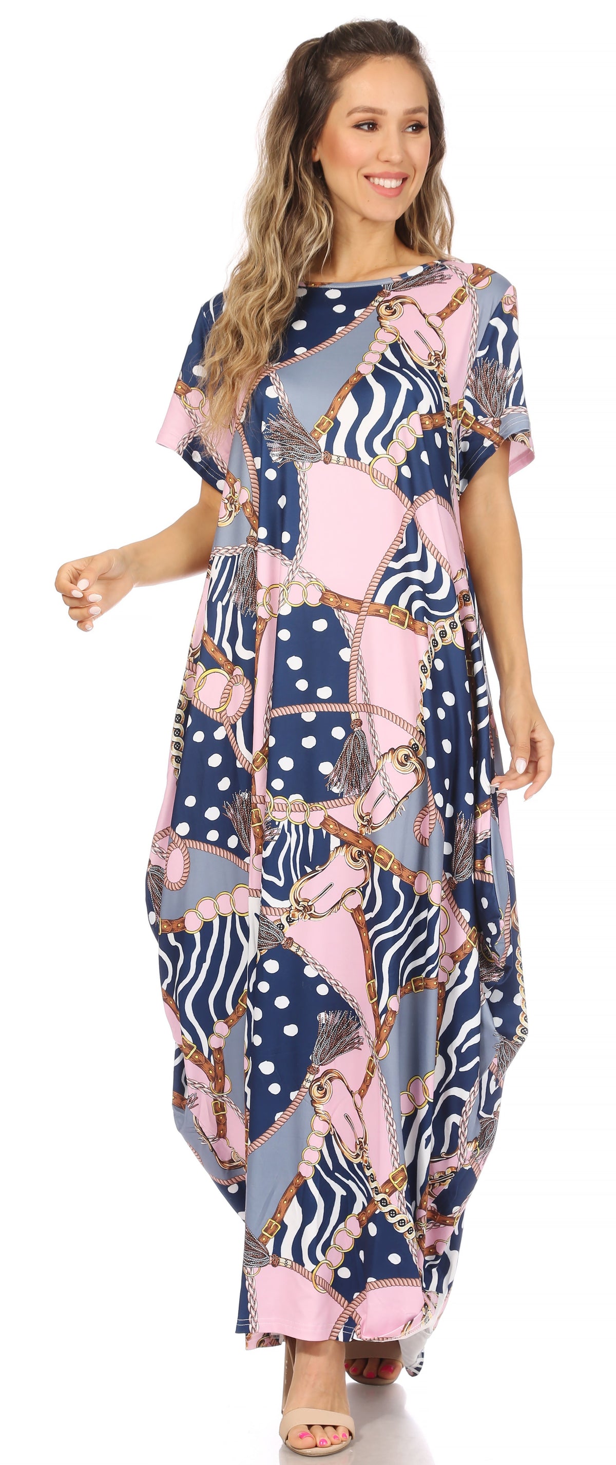 Sakkas Abeni Women's Short Sleeve Casual Print Long Maxi Cover-up Caftan Dress