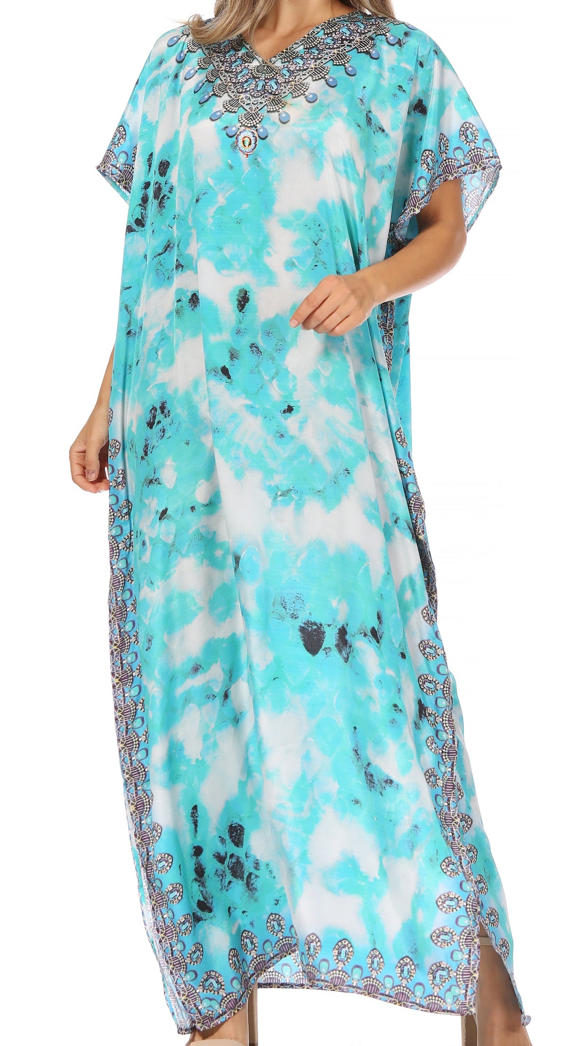 Sakkas Vicky Women's Casual Long Print Short Sleeve Petite Beach Maxi Caftan Dress - Buy One Get One Free