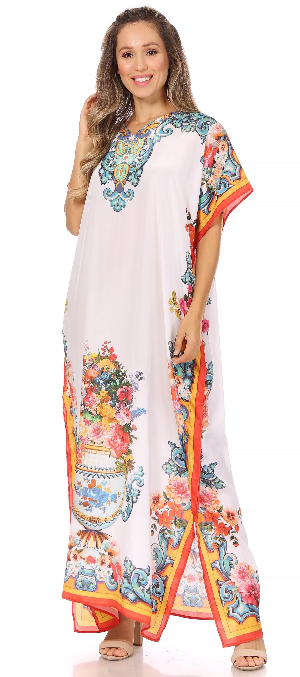 Sakkas Vicky Women's Casual Long Print Short Sleeve Petite Beach Maxi Caftan Dress - Buy One Get One Free