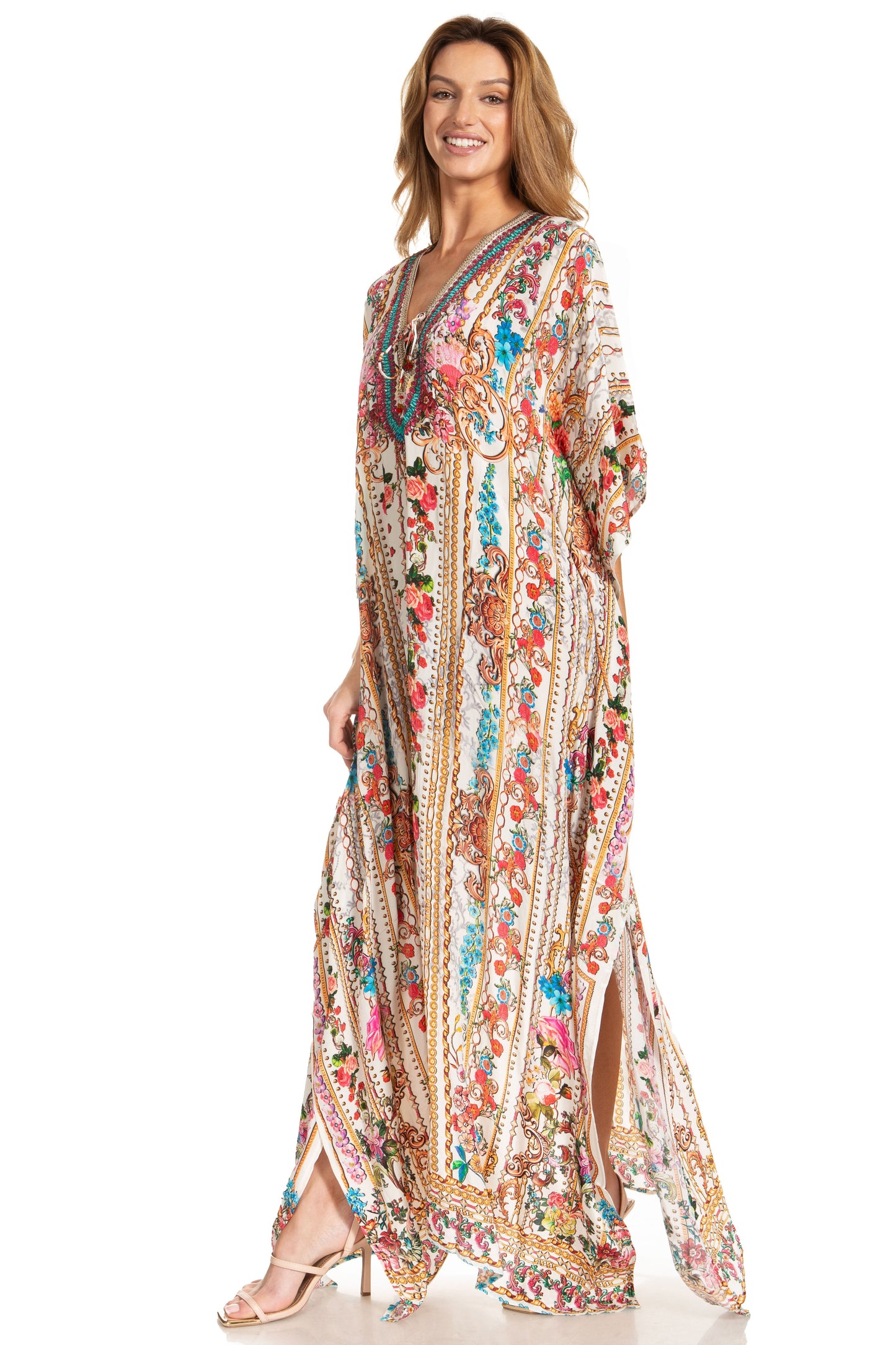 Sakkas Georgettina 2025 Flowy Rhinestone V Neck Long Caftan Dress / Cover Up